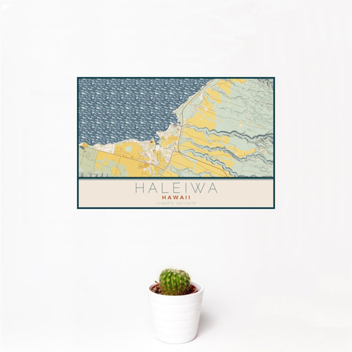12x18 Haleiwa Hawaii Map Print Landscape Orientation in Woodblock Style With Small Cactus Plant in White Planter