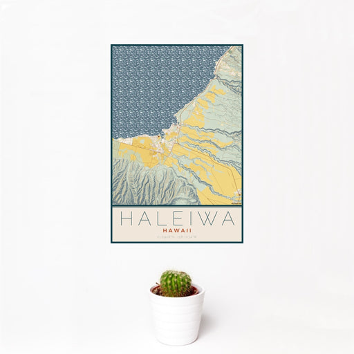 12x18 Haleiwa Hawaii Map Print Portrait Orientation in Woodblock Style With Small Cactus Plant in White Planter