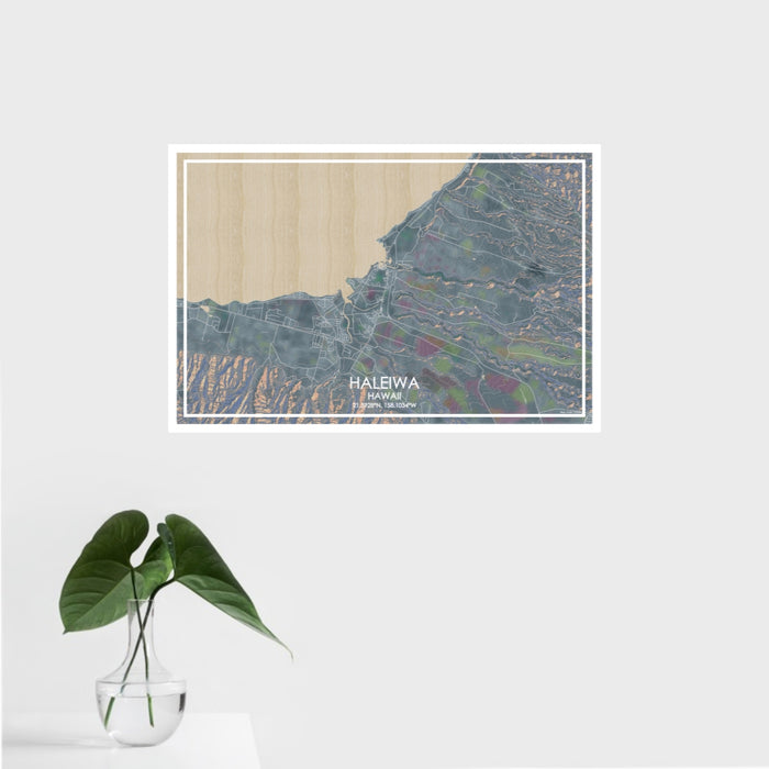16x24 Haleiwa Hawaii Map Print Landscape Orientation in Afternoon Style With Tropical Plant Leaves in Water