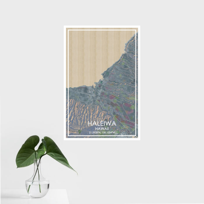 16x24 Haleiwa Hawaii Map Print Portrait Orientation in Afternoon Style With Tropical Plant Leaves in Water