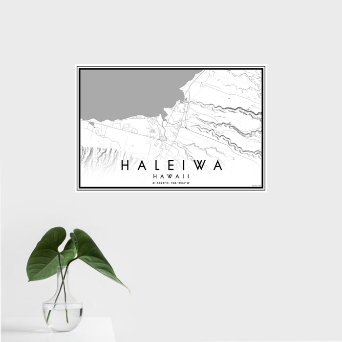 16x24 Haleiwa Hawaii Map Print Landscape Orientation in Classic Style With Tropical Plant Leaves in Water