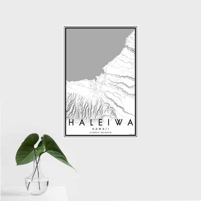 16x24 Haleiwa Hawaii Map Print Portrait Orientation in Classic Style With Tropical Plant Leaves in Water