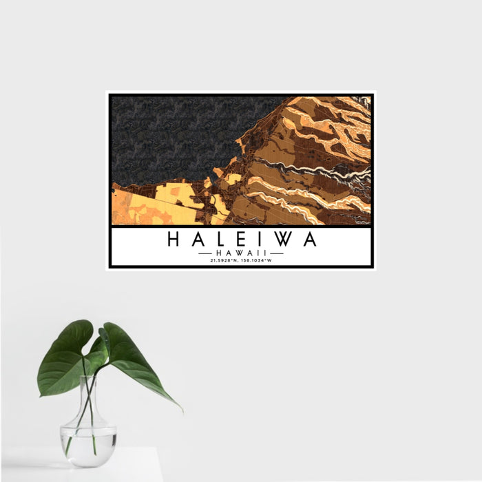 16x24 Haleiwa Hawaii Map Print Landscape Orientation in Ember Style With Tropical Plant Leaves in Water