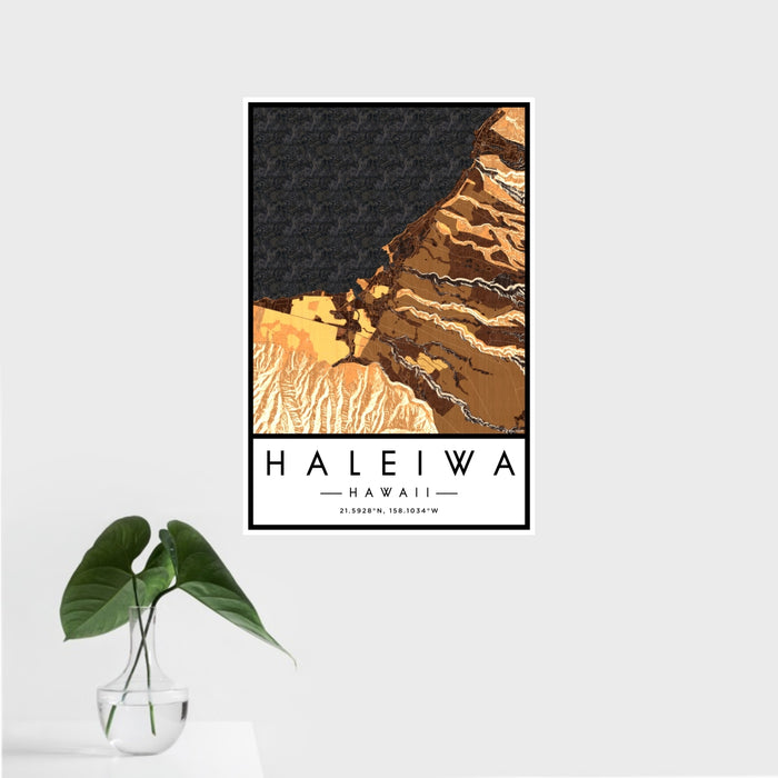 16x24 Haleiwa Hawaii Map Print Portrait Orientation in Ember Style With Tropical Plant Leaves in Water
