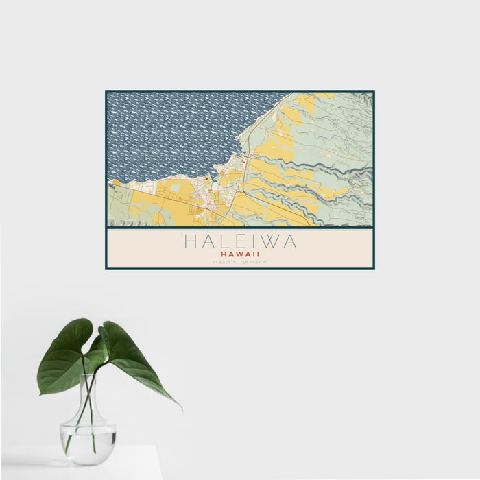 16x24 Haleiwa Hawaii Map Print Landscape Orientation in Woodblock Style With Tropical Plant Leaves in Water