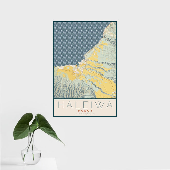 16x24 Haleiwa Hawaii Map Print Portrait Orientation in Woodblock Style With Tropical Plant Leaves in Water