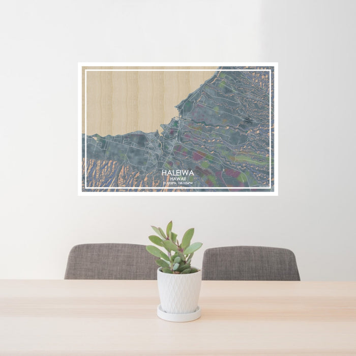 24x36 Haleiwa Hawaii Map Print Lanscape Orientation in Afternoon Style Behind 2 Chairs Table and Potted Plant