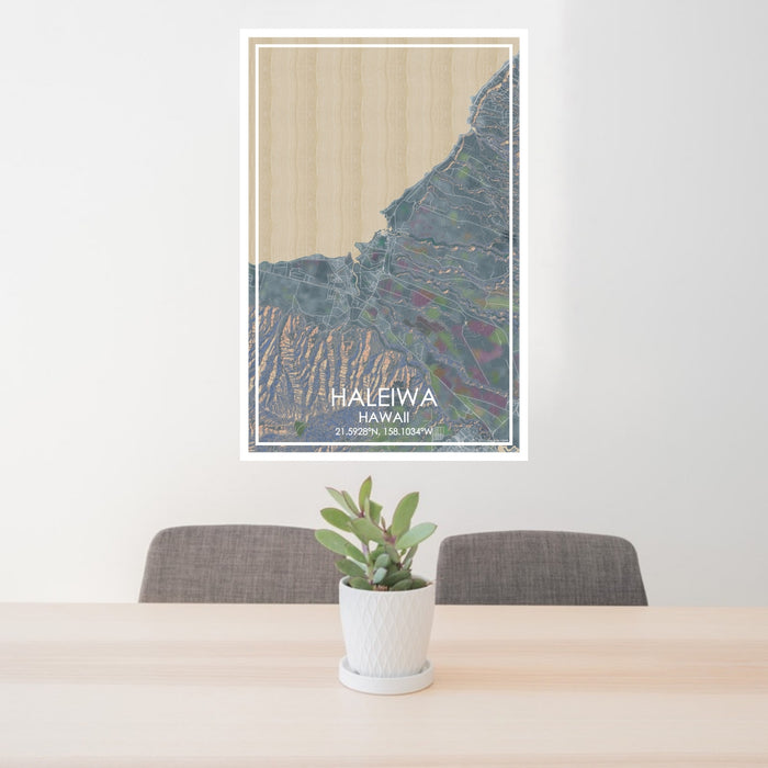 24x36 Haleiwa Hawaii Map Print Portrait Orientation in Afternoon Style Behind 2 Chairs Table and Potted Plant