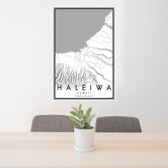 24x36 Haleiwa Hawaii Map Print Portrait Orientation in Classic Style Behind 2 Chairs Table and Potted Plant