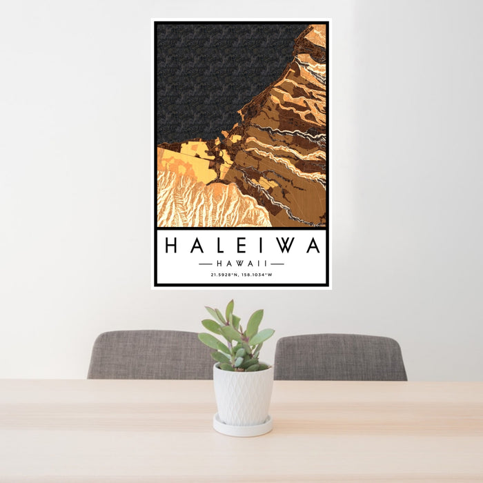 24x36 Haleiwa Hawaii Map Print Portrait Orientation in Ember Style Behind 2 Chairs Table and Potted Plant