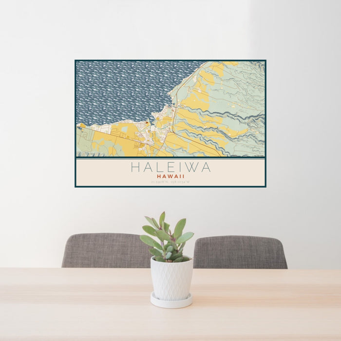 24x36 Haleiwa Hawaii Map Print Lanscape Orientation in Woodblock Style Behind 2 Chairs Table and Potted Plant