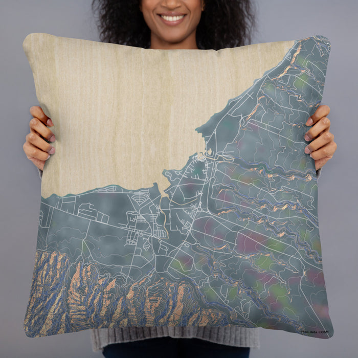 Person holding 22x22 Custom Haleiwa Hawaii Map Throw Pillow in Afternoon