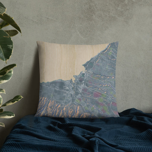 Custom Haleiwa Hawaii Map Throw Pillow in Afternoon on Bedding Against Wall