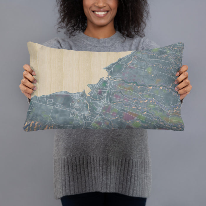 Person holding 20x12 Custom Haleiwa Hawaii Map Throw Pillow in Afternoon