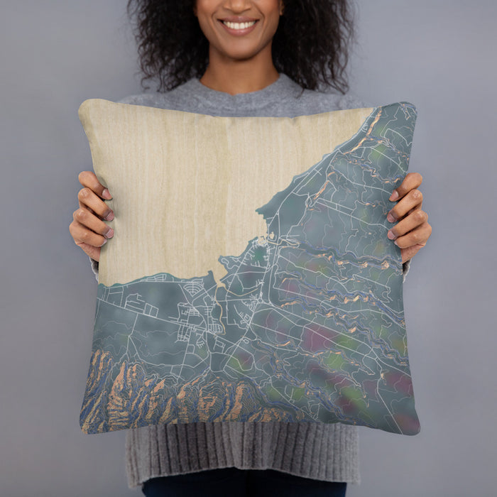 Person holding 18x18 Custom Haleiwa Hawaii Map Throw Pillow in Afternoon