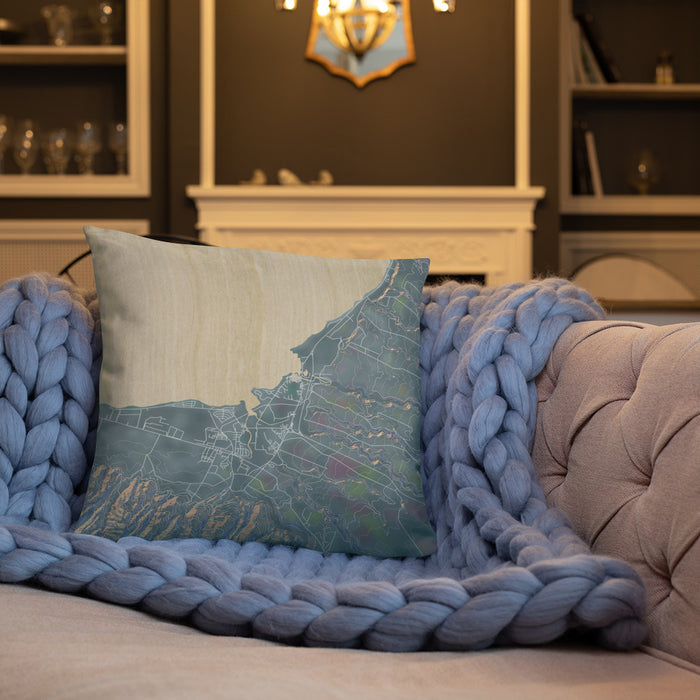 Custom Haleiwa Hawaii Map Throw Pillow in Afternoon on Cream Colored Couch