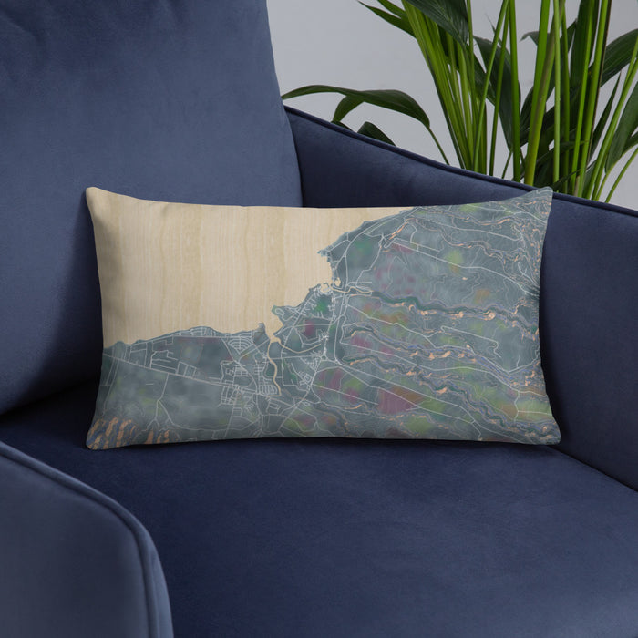 Custom Haleiwa Hawaii Map Throw Pillow in Afternoon on Blue Colored Chair