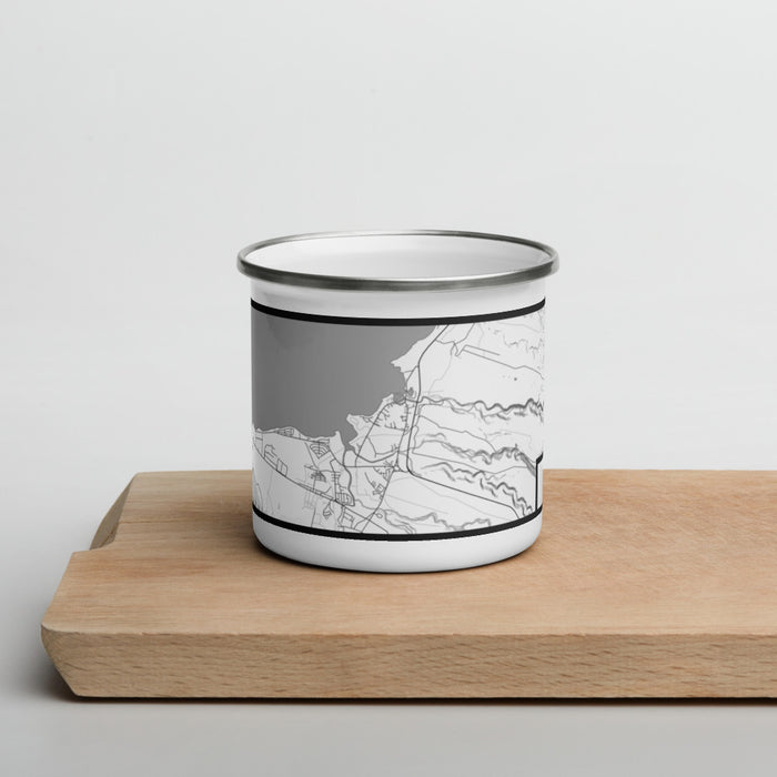 Front View Custom Haleiwa Hawaii Map Enamel Mug in Classic on Cutting Board