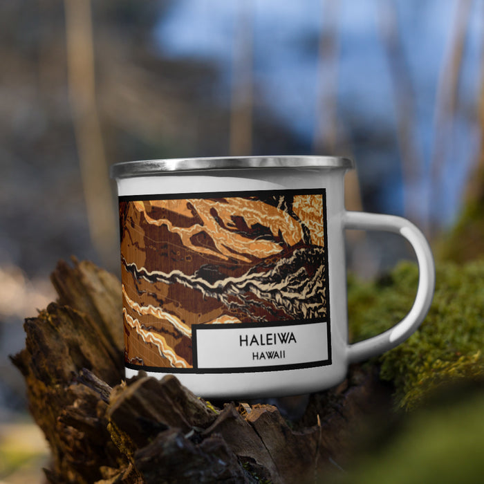 Right View Custom Haleiwa Hawaii Map Enamel Mug in Ember on Grass With Trees in Background