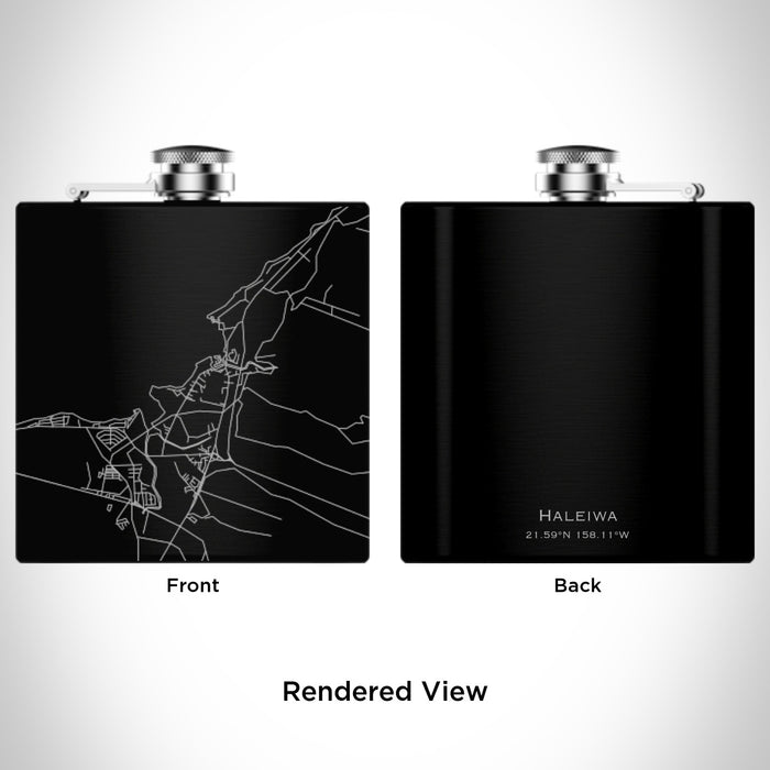 Rendered View of Haleiwa Hawaii Map Engraving on 6oz Stainless Steel Flask in Black