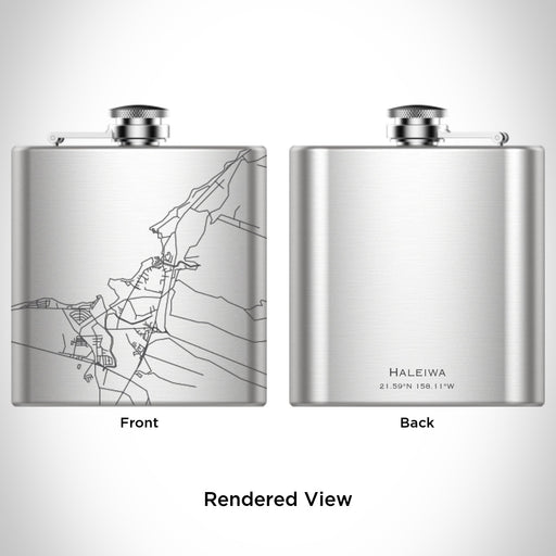 Rendered View of Haleiwa Hawaii Map Engraving on 6oz Stainless Steel Flask