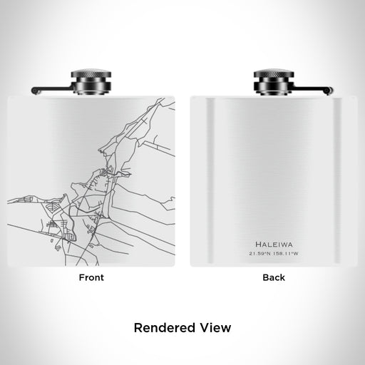 Rendered View of Haleiwa Hawaii Map Engraving on 6oz Stainless Steel Flask in White