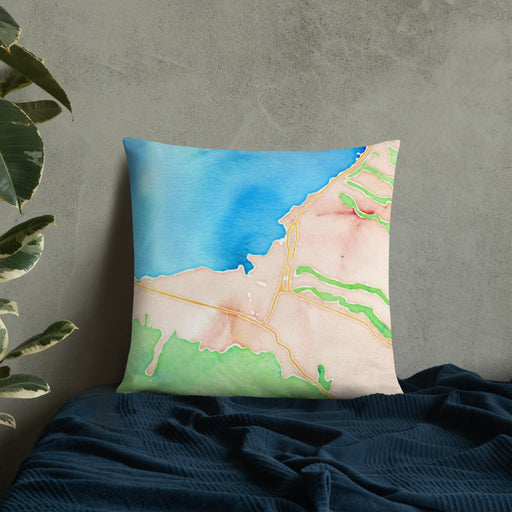 Custom Haleiwa Hawaii Map Throw Pillow in Watercolor on Bedding Against Wall
