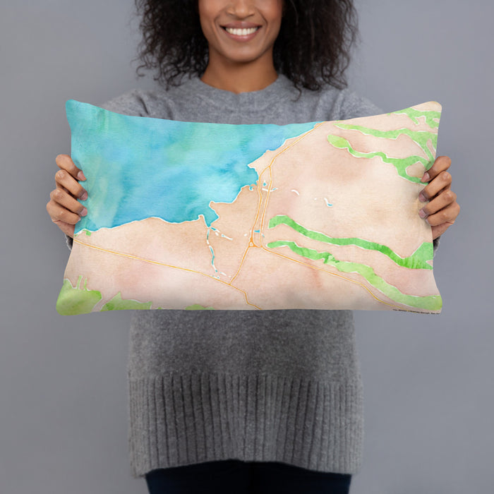 Person holding 20x12 Custom Haleiwa Hawaii Map Throw Pillow in Watercolor