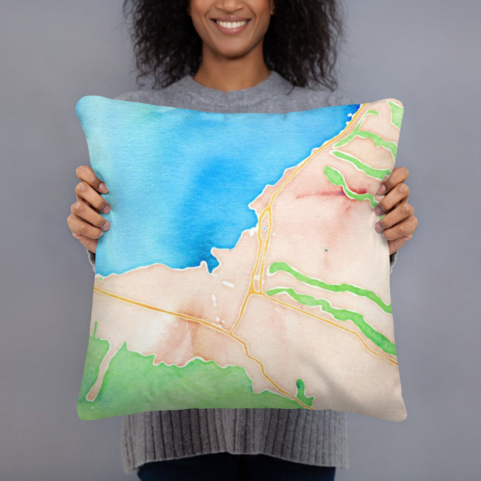 Person holding 18x18 Custom Haleiwa Hawaii Map Throw Pillow in Watercolor