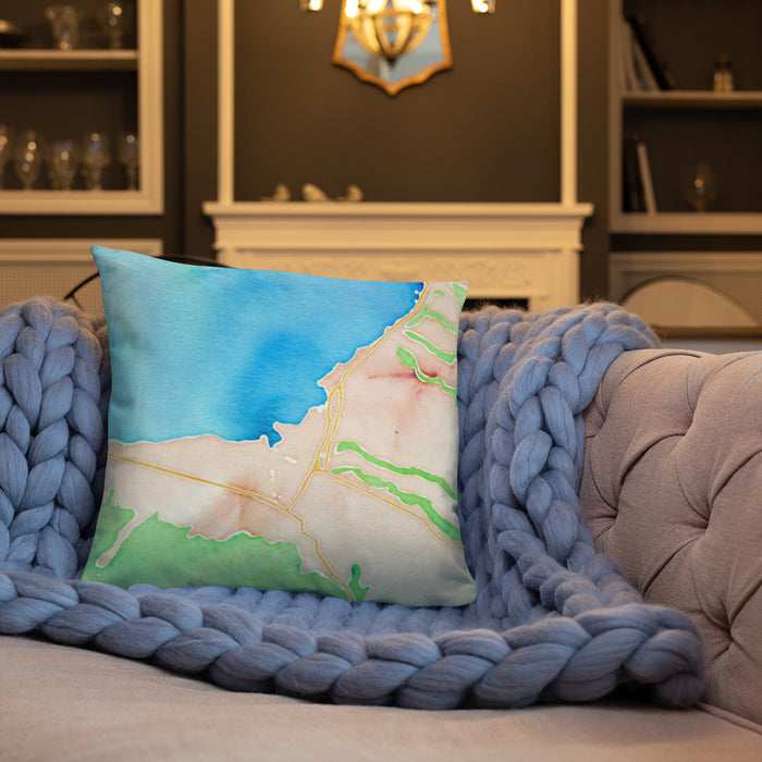Custom Haleiwa Hawaii Map Throw Pillow in Watercolor on Cream Colored Couch