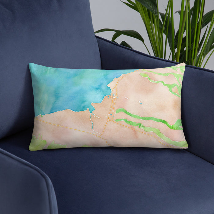 Custom Haleiwa Hawaii Map Throw Pillow in Watercolor on Blue Colored Chair