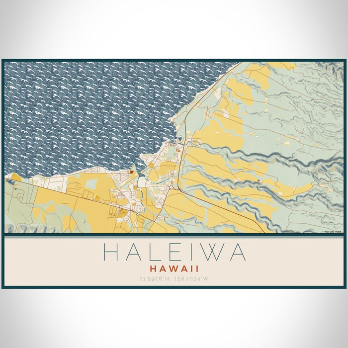 Haleiwa Hawaii Map Print Landscape Orientation in Woodblock Style With Shaded Background