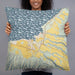 Person holding 22x22 Custom Haleiwa Hawaii Map Throw Pillow in Woodblock
