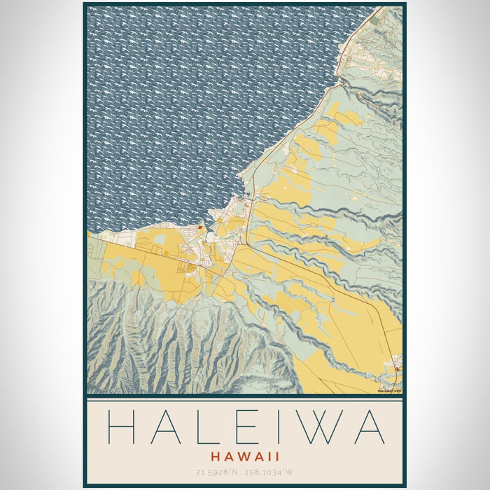 Haleiwa Hawaii Map Print Portrait Orientation in Woodblock Style With Shaded Background