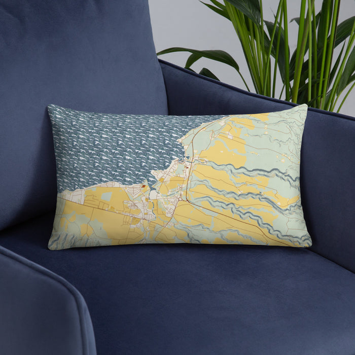 Custom Haleiwa Hawaii Map Throw Pillow in Woodblock on Blue Colored Chair
