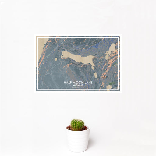 12x18 Half Moon Lake Wyoming Map Print Landscape Orientation in Afternoon Style With Small Cactus Plant in White Planter
