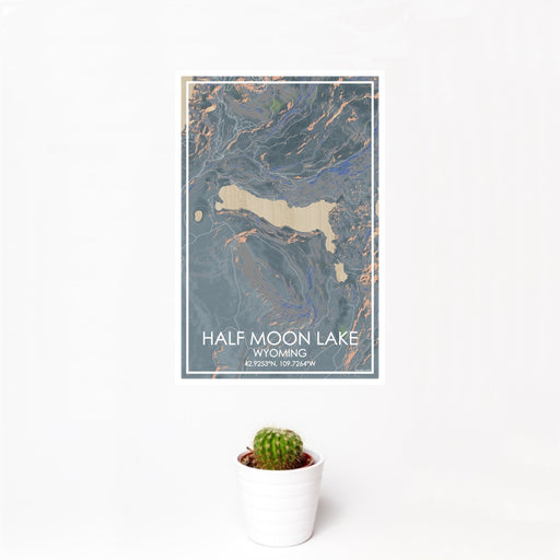 12x18 Half Moon Lake Wyoming Map Print Portrait Orientation in Afternoon Style With Small Cactus Plant in White Planter