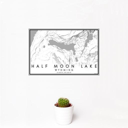 12x18 Half Moon Lake Wyoming Map Print Landscape Orientation in Classic Style With Small Cactus Plant in White Planter