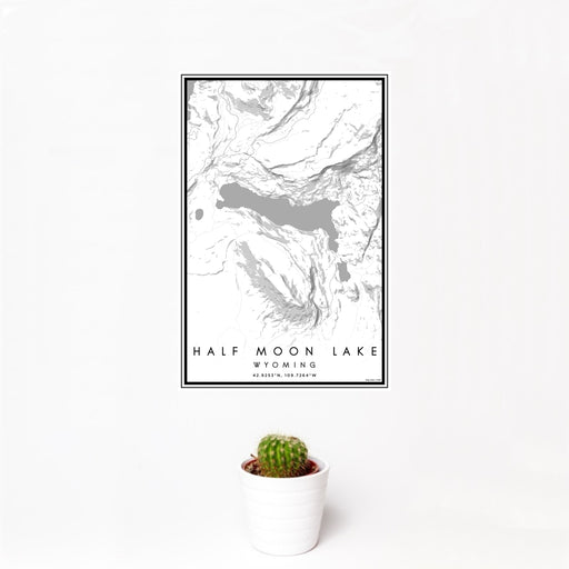 12x18 Half Moon Lake Wyoming Map Print Portrait Orientation in Classic Style With Small Cactus Plant in White Planter