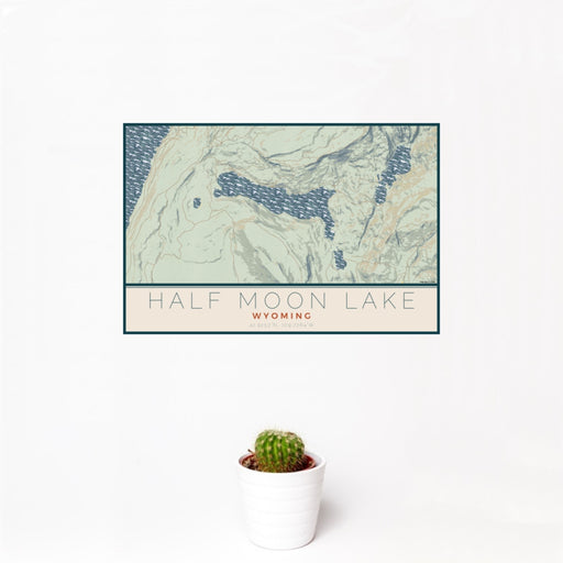 12x18 Half Moon Lake Wyoming Map Print Landscape Orientation in Woodblock Style With Small Cactus Plant in White Planter