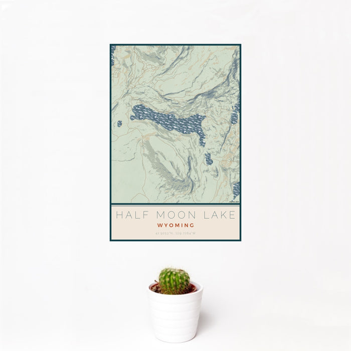 12x18 Half Moon Lake Wyoming Map Print Portrait Orientation in Woodblock Style With Small Cactus Plant in White Planter