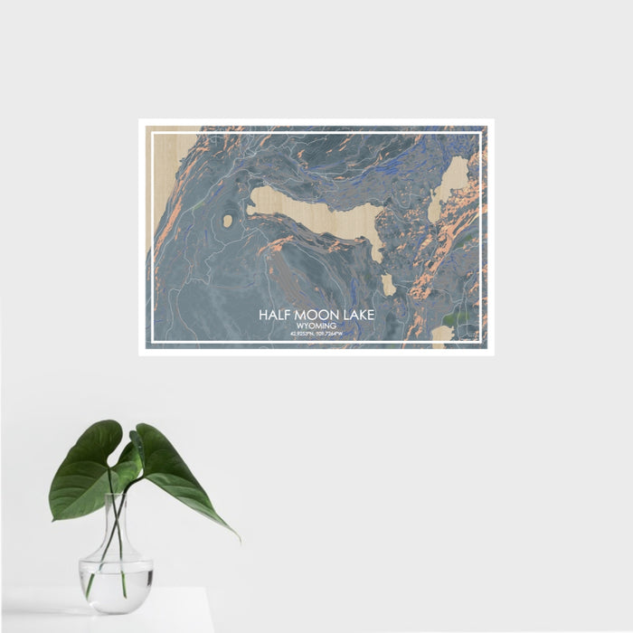 16x24 Half Moon Lake Wyoming Map Print Landscape Orientation in Afternoon Style With Tropical Plant Leaves in Water
