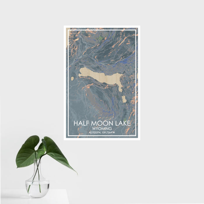 16x24 Half Moon Lake Wyoming Map Print Portrait Orientation in Afternoon Style With Tropical Plant Leaves in Water