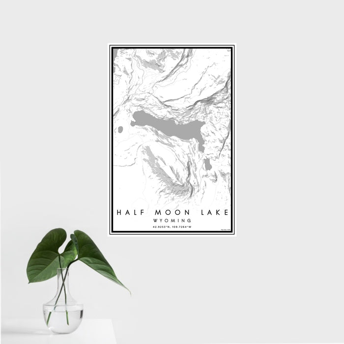 16x24 Half Moon Lake Wyoming Map Print Portrait Orientation in Classic Style With Tropical Plant Leaves in Water
