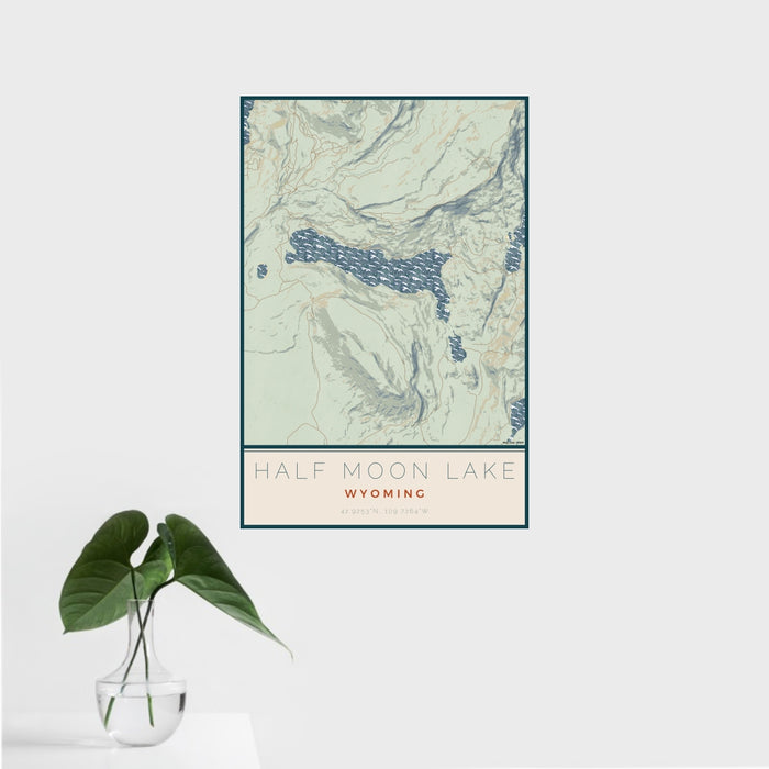 16x24 Half Moon Lake Wyoming Map Print Portrait Orientation in Woodblock Style With Tropical Plant Leaves in Water