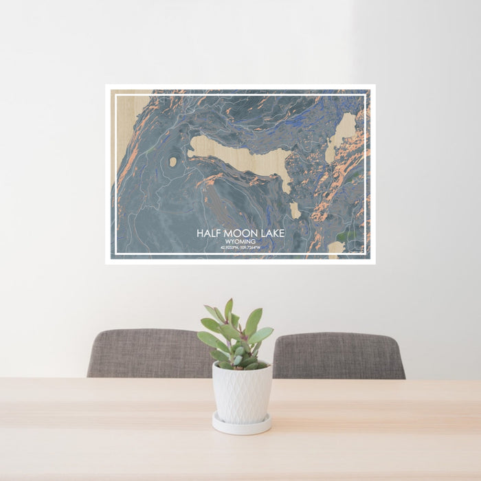 24x36 Half Moon Lake Wyoming Map Print Lanscape Orientation in Afternoon Style Behind 2 Chairs Table and Potted Plant