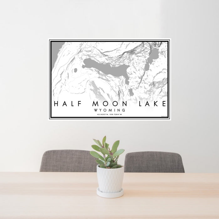 24x36 Half Moon Lake Wyoming Map Print Lanscape Orientation in Classic Style Behind 2 Chairs Table and Potted Plant