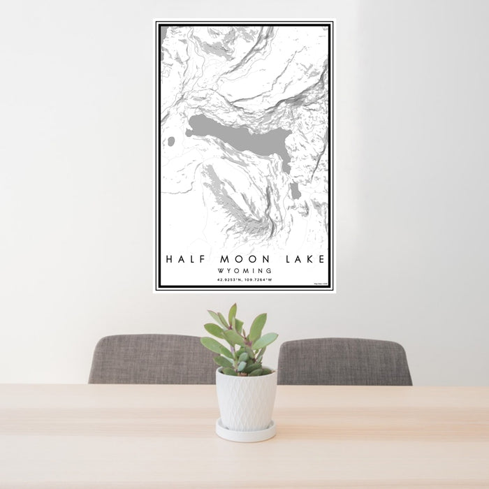 24x36 Half Moon Lake Wyoming Map Print Portrait Orientation in Classic Style Behind 2 Chairs Table and Potted Plant