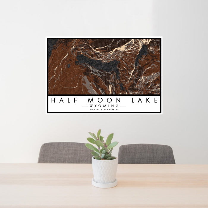 24x36 Half Moon Lake Wyoming Map Print Lanscape Orientation in Ember Style Behind 2 Chairs Table and Potted Plant