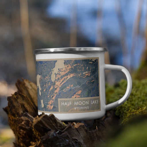 Right View Custom Half Moon Lake Wyoming Map Enamel Mug in Afternoon on Grass With Trees in Background